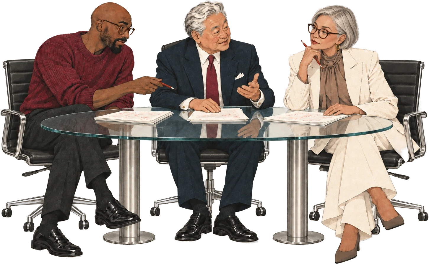 Studio Greenlight: three executives at a glass table, deciding